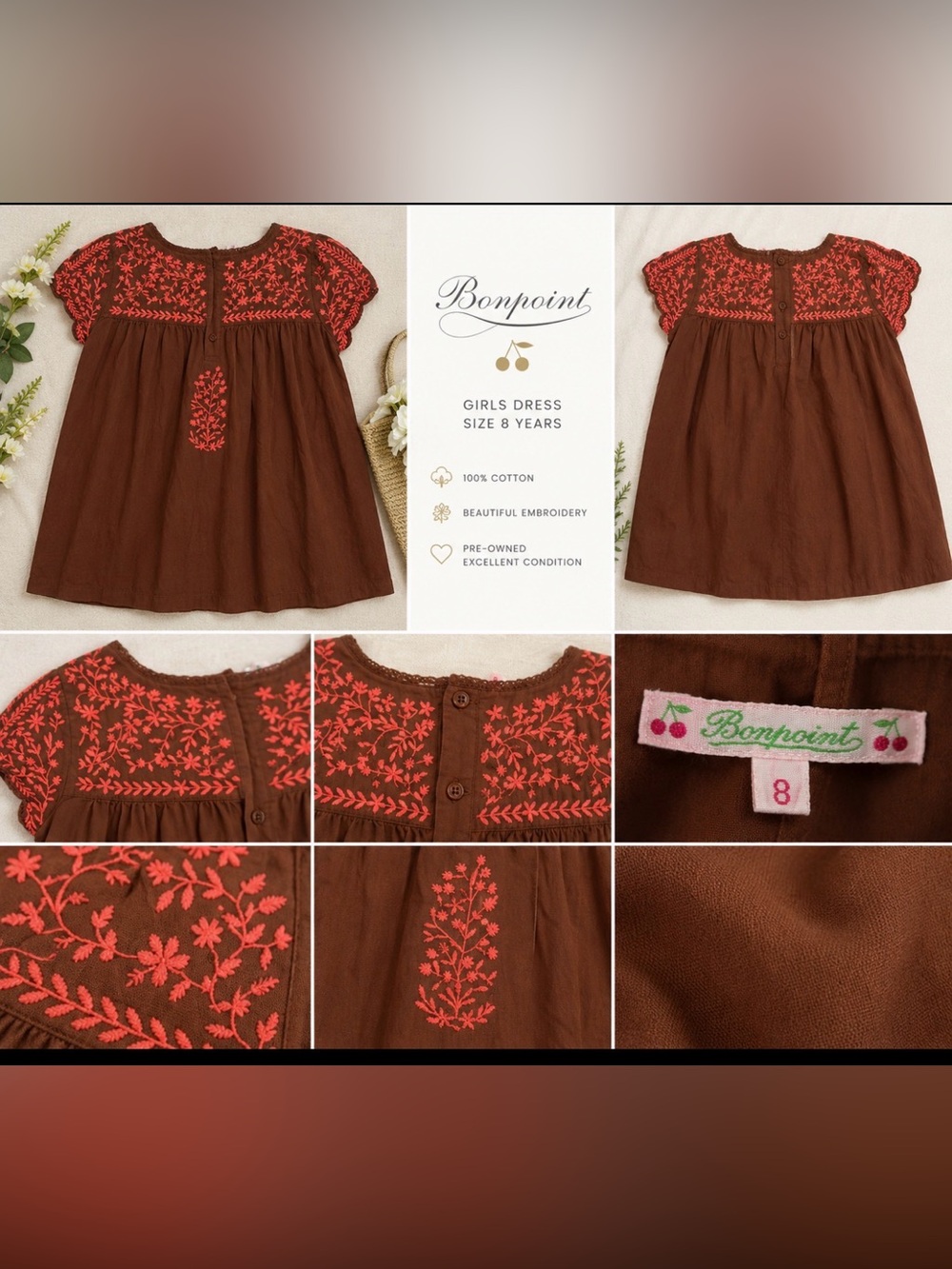 ✨ Authentic Bonpoint Embroidered Girls Dress – Size 8 years ✨